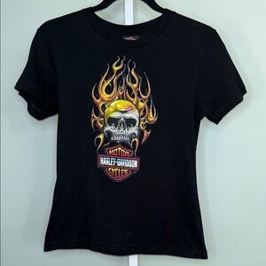 Harley-Davidson Black Tee with Skull and Flames Size Large